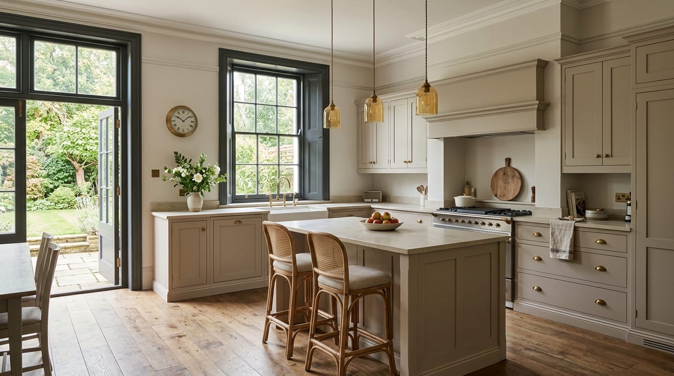 hero_1200x675-22 Cream kitchen with island, rattan stools and gold pendant lights