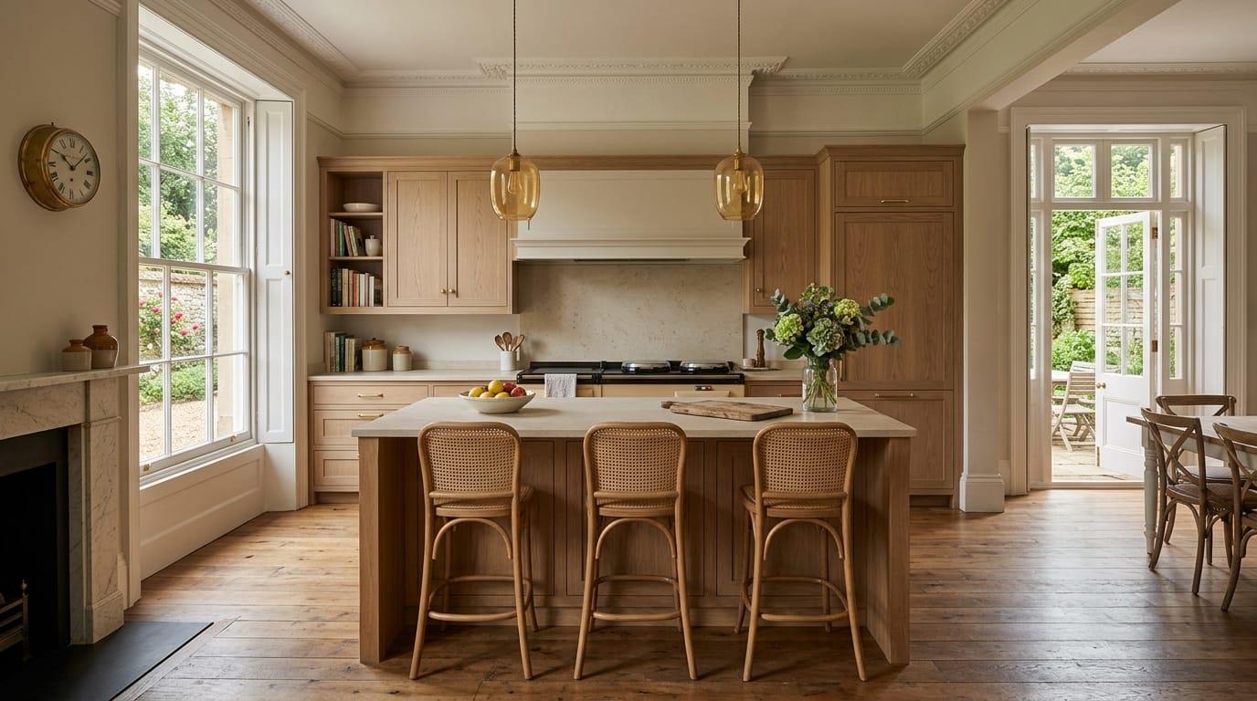 light wood kitchen with island, rattan stools and large sash windows