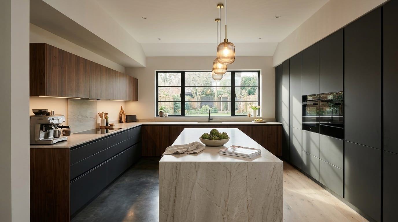 hero_1200x675-310 Wide view of a newly completed bespoke Mastercraft kitchen, contemporary painted lay-on cabinetry in reed green tones