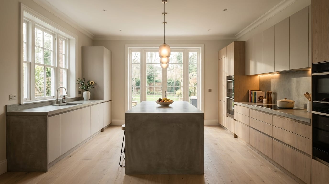 Wide view of a newly completed bespoke Mastercraft kitchen, matt painted handleless slab cabinetry in indigo tones