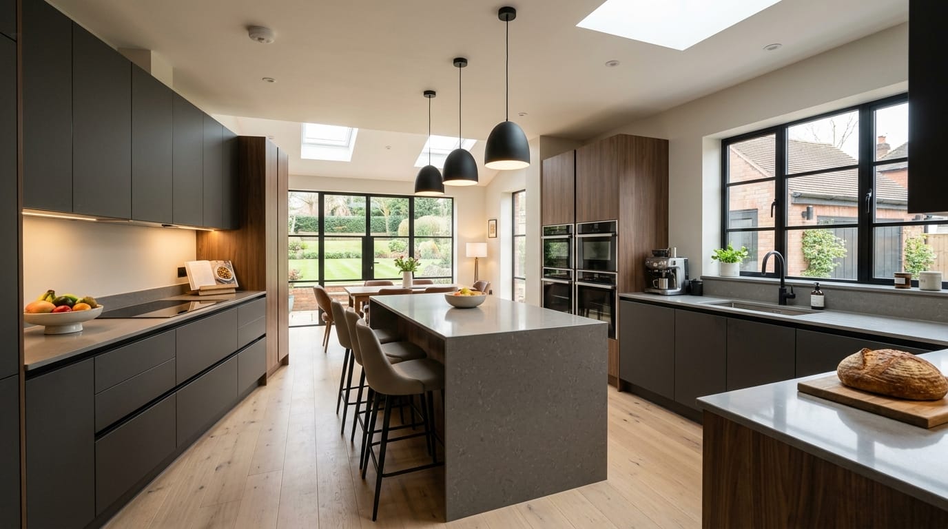 Wide view of a newly completed bespoke Mastercraft kitchen, modern shaker cabinetry in light grey tones