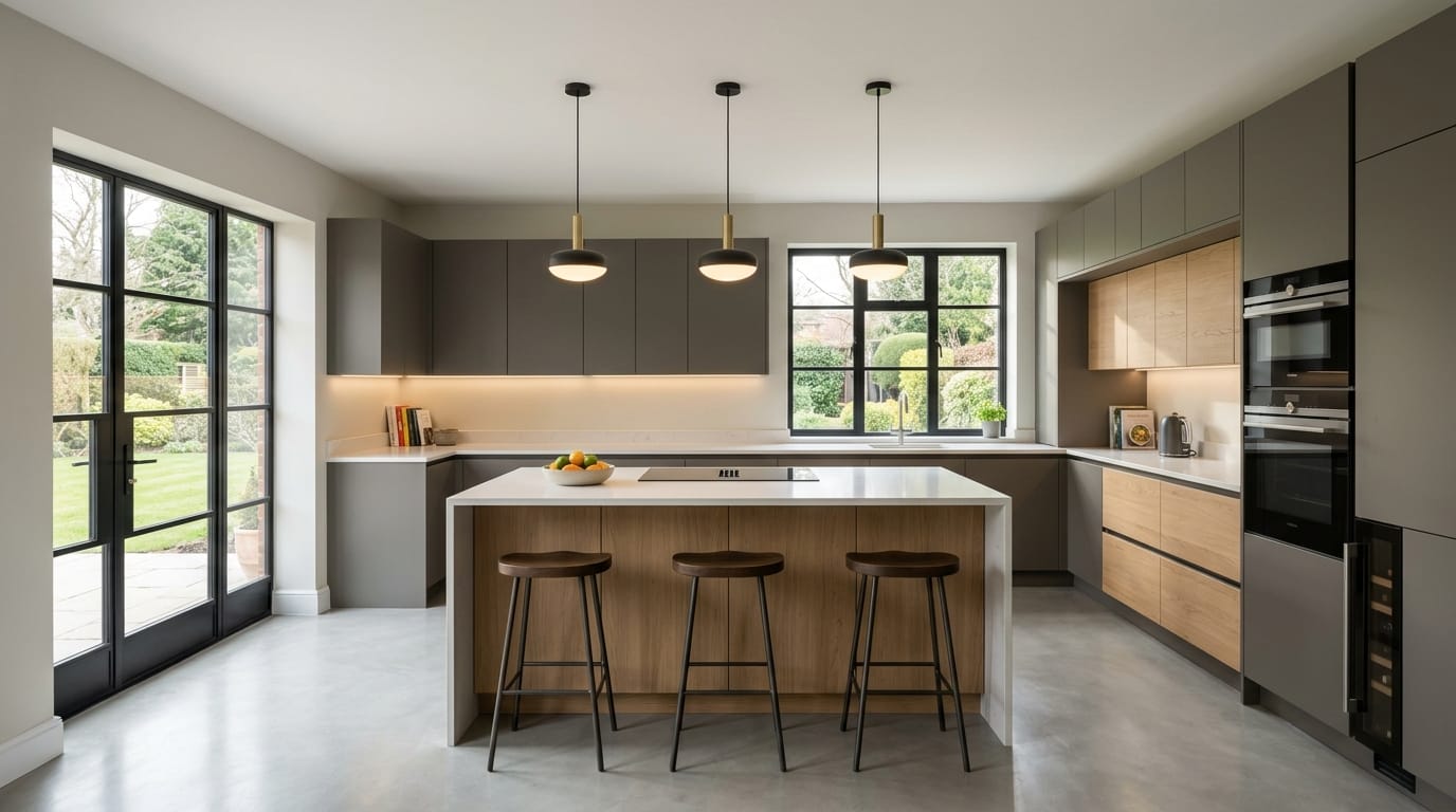 Wide view of a newly completed bespoke Mastercraft kitchen, contemporary painted lay-on cabinetry in ivory tones