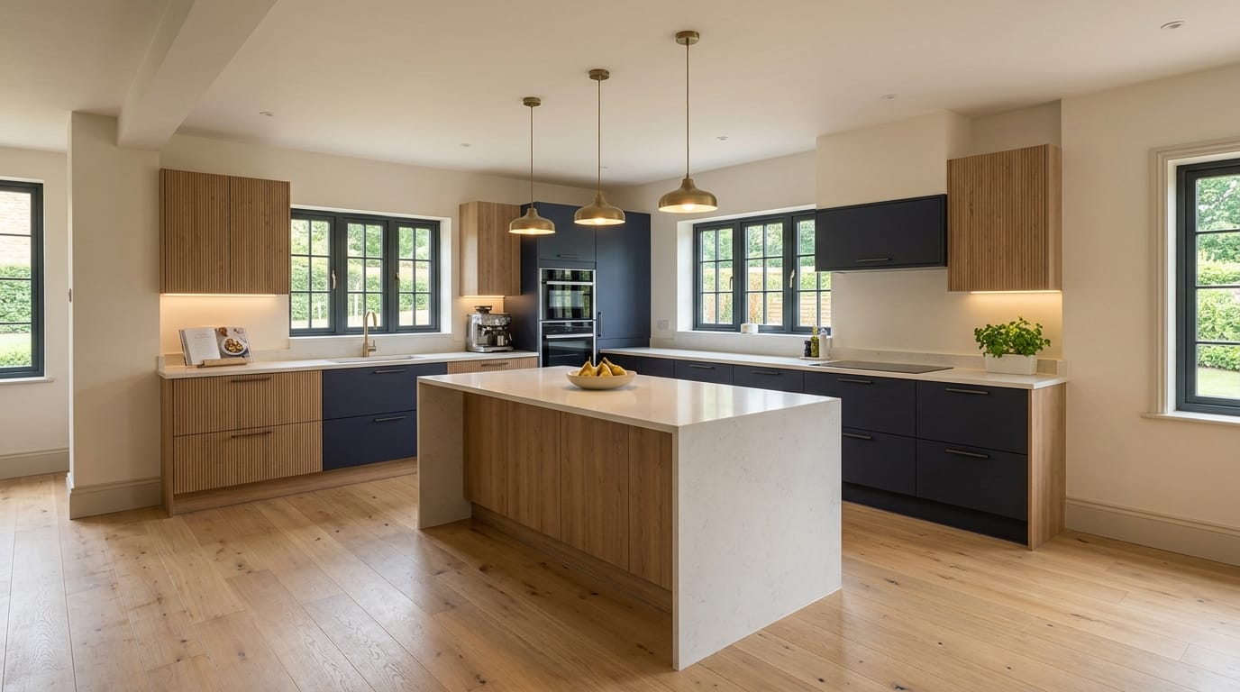 hero_1200x675-314 Wide view of a newly completed bespoke Mastercraft kitchen, contemporary painted lay-on cabinetry in airforce tones