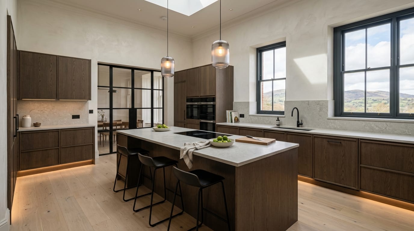 hero_1200x675-316 Wide view of a newly completed bespoke Mastercraft kitchen, contemporary in-frame cabinetry in heritage green tones