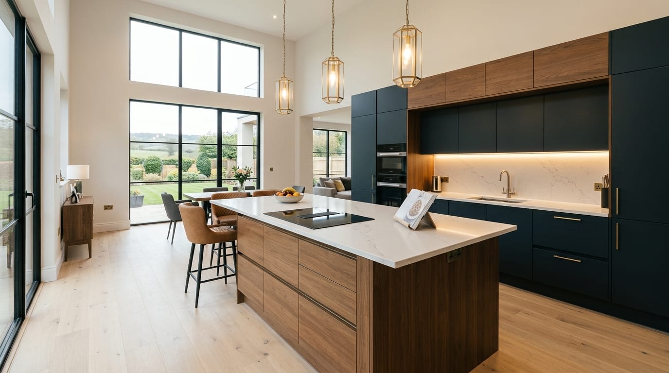 Wide view of a newly completed bespoke Mastercraft kitchen, timber veneer slab-door cabinetry in marine tones