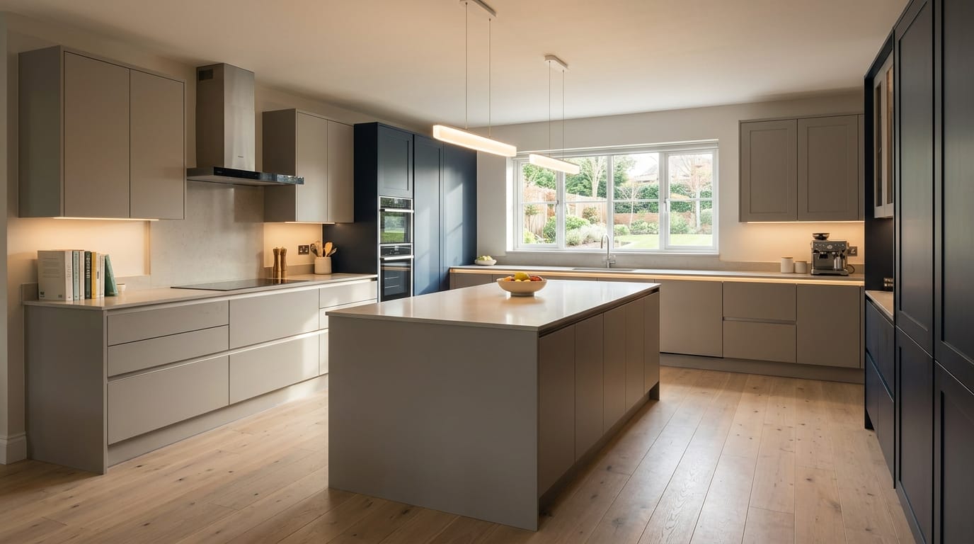 Wide view of a newly completed bespoke Mastercraft kitchen, contemporary in-frame cabinetry in slate blue tones