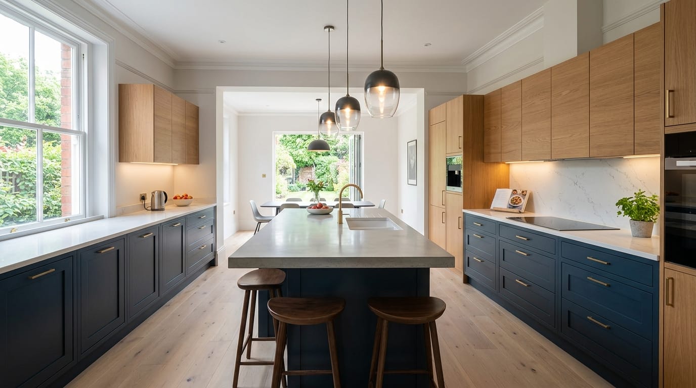 Wide view of a newly completed bespoke Mastercraft kitchen, timber veneer slab-door cabinetry in cannon black tones
