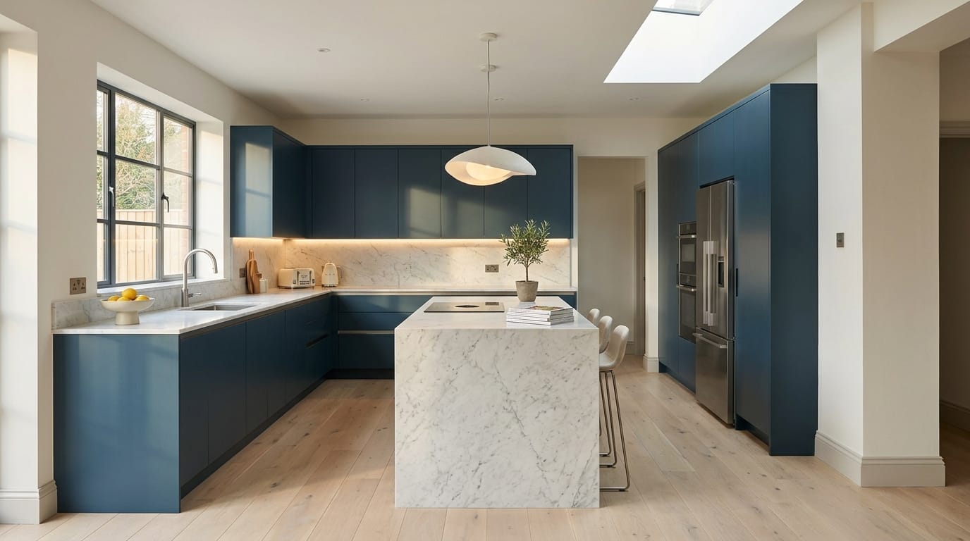 hero_1200x675-321 Wide view of a newly completed bespoke Mastercraft kitchen, modern shaker cabinetry in lava tones