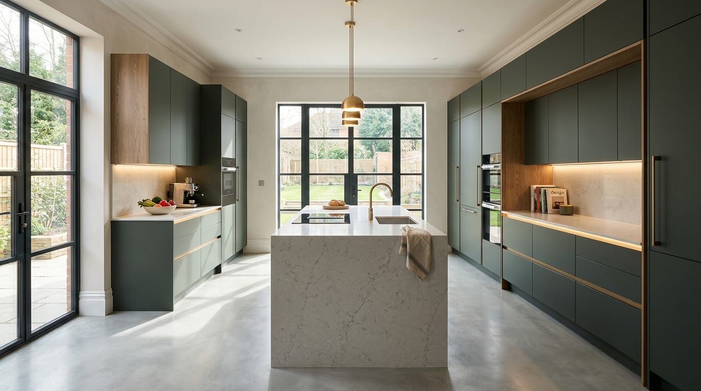 hero_1200x675-322 Wide view of a newly completed bespoke Mastercraft kitchen, modern shaker cabinetry in graphite tones
