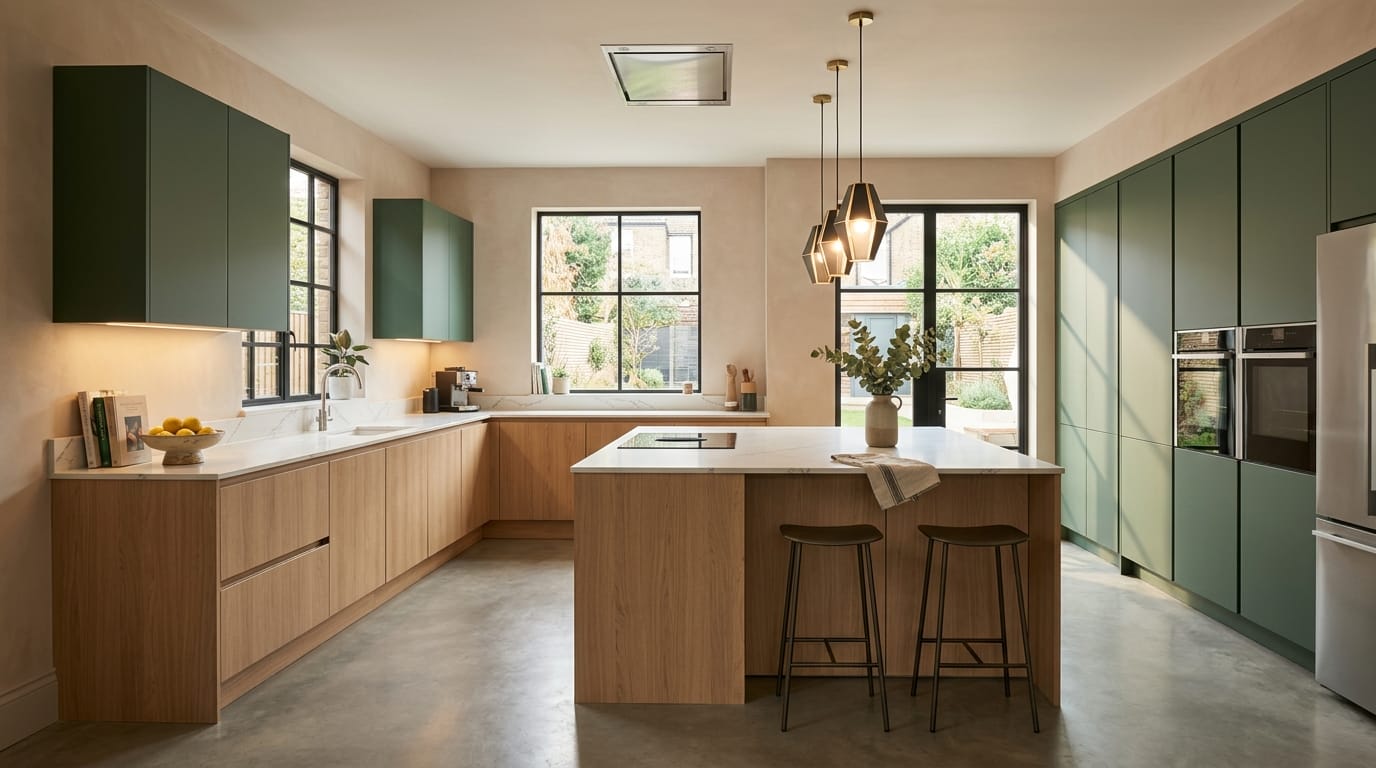 hero_1200x675-323 Wide view of a newly completed bespoke Mastercraft kitchen, timber veneer slab-door cabinetry in taupe grey tones