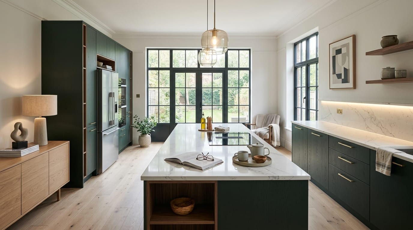 Wide view of a newly completed bespoke Mastercraft kitchen, matt painted handleless slab cabinetry in lava tones