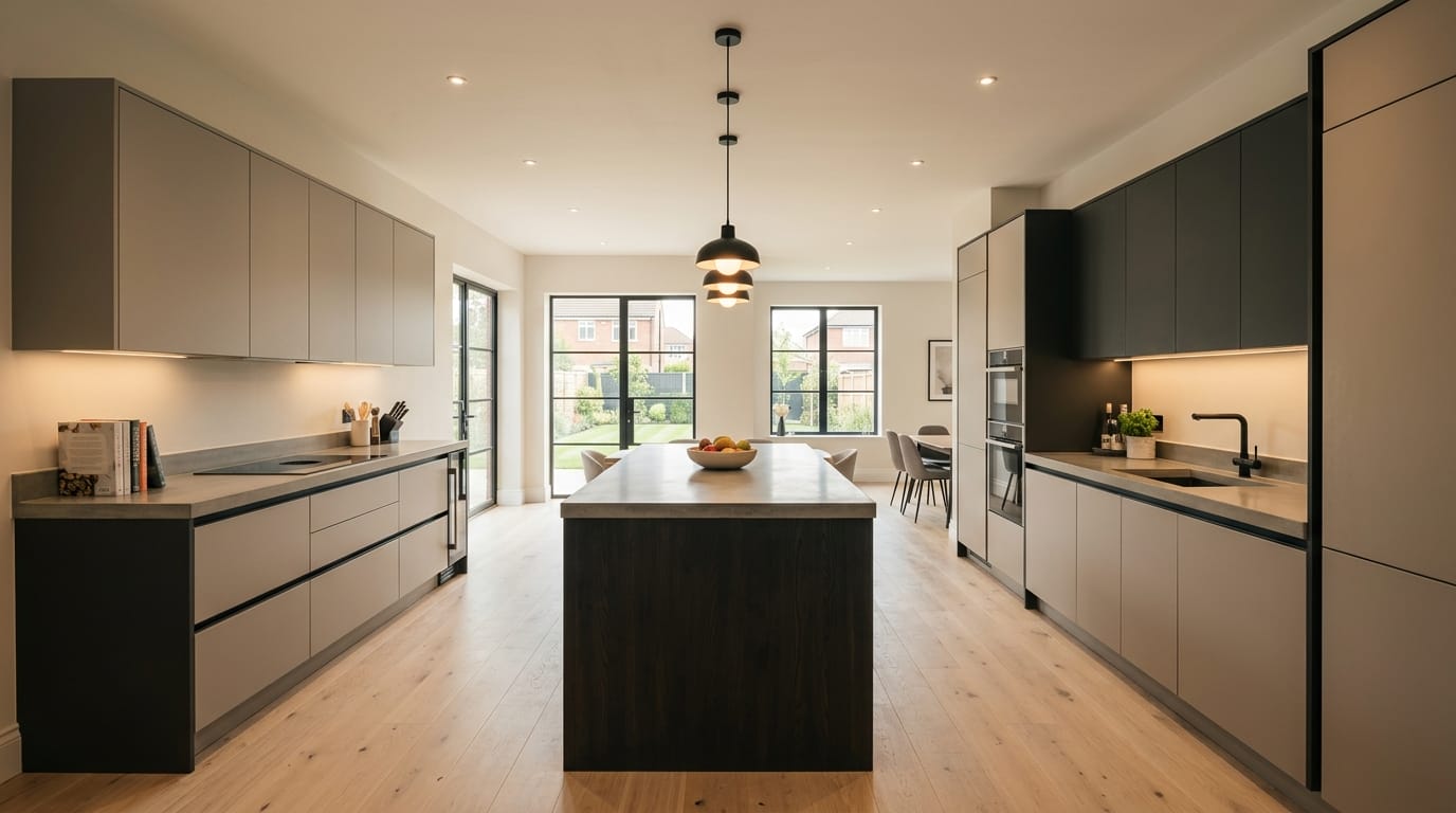 hero_1200x675-325 Wide view of a newly completed bespoke Mastercraft kitchen, contemporary painted lay-on cabinetry in viridian tones