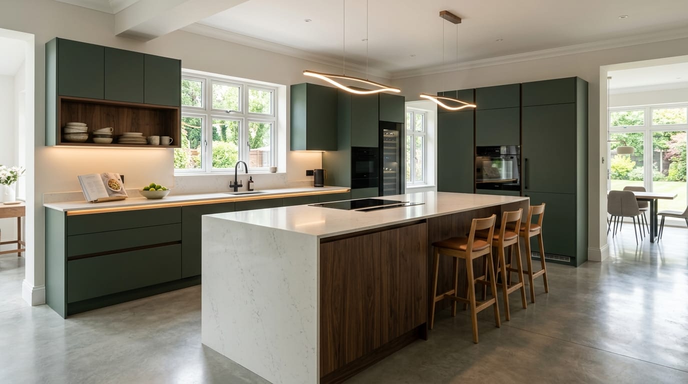 hero_1200x675-326 Wide view of a newly completed bespoke Mastercraft kitchen, contemporary painted lay-on cabinetry in deep forest tones