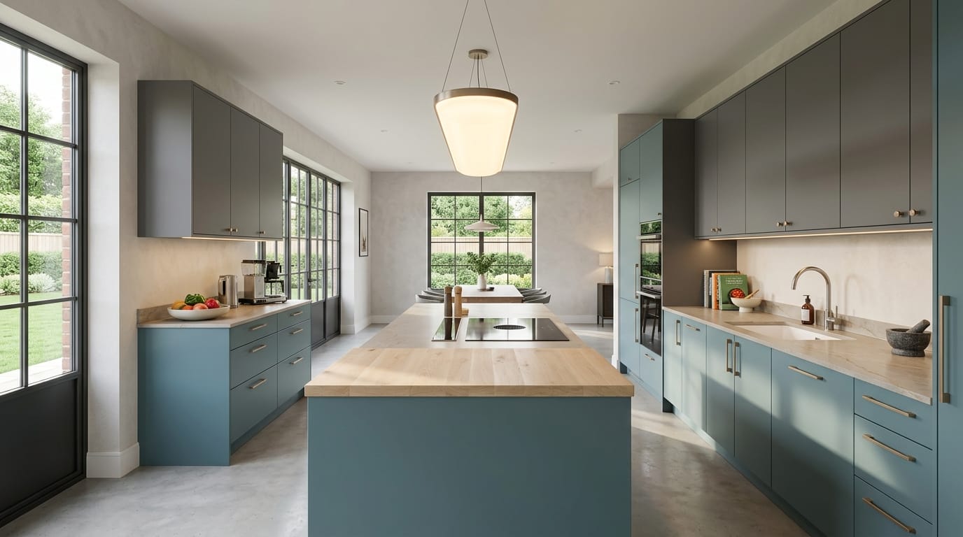 hero_1200x675-327 Wide view of a newly completed bespoke Mastercraft kitchen, modern shaker cabinetry in stone grey tones