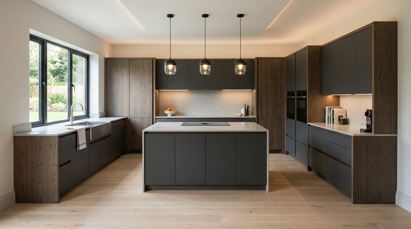 Wide view of a newly completed bespoke Mastercraft kitchen, contemporary painted lay-on cabinetry in gunmetal grey tones
