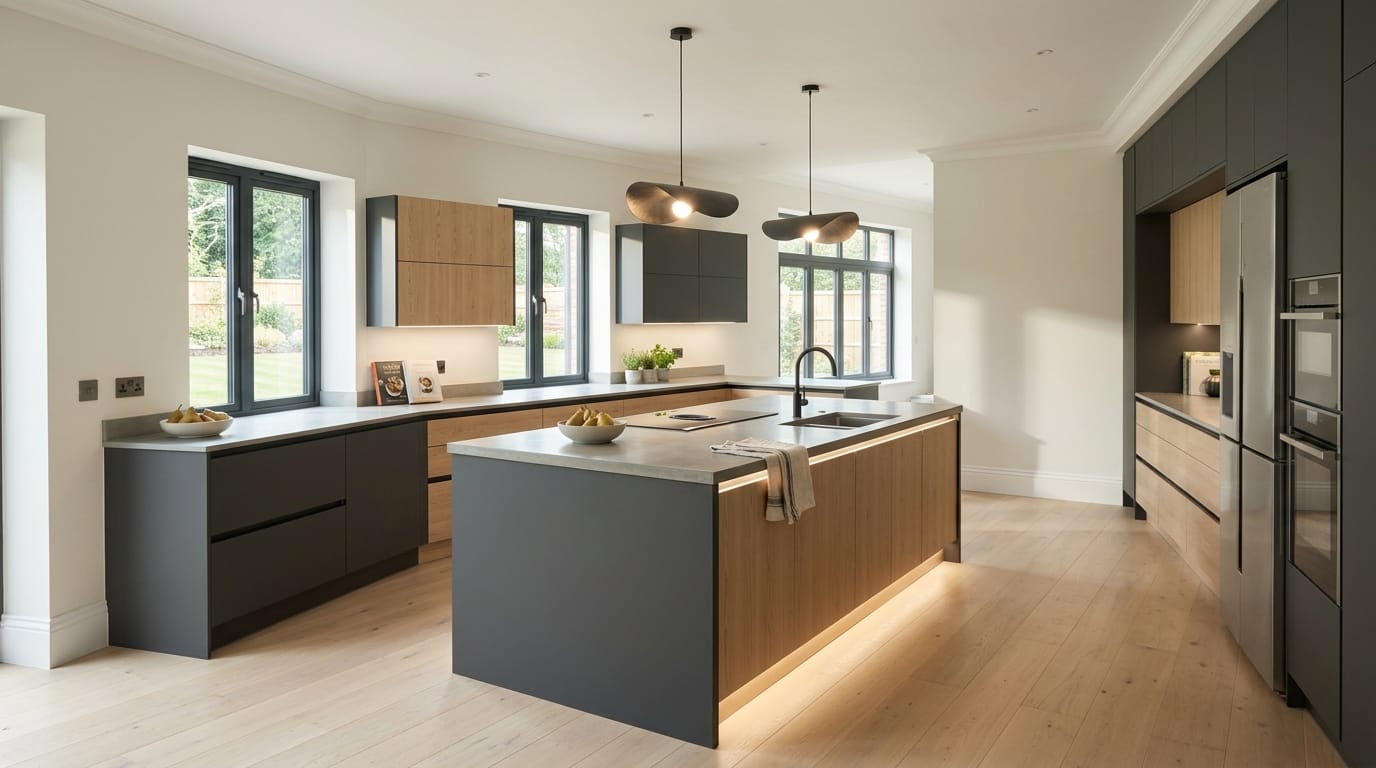 hero_1200x675-331 Wide view of a newly completed bespoke Mastercraft kitchen, contemporary painted lay-on cabinetry in airforce tones