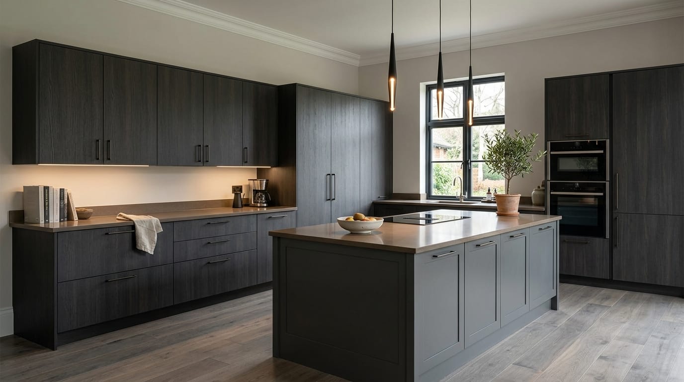 Wide view of a newly completed bespoke Mastercraft kitchen, modern shaker cabinetry in cardamom tones