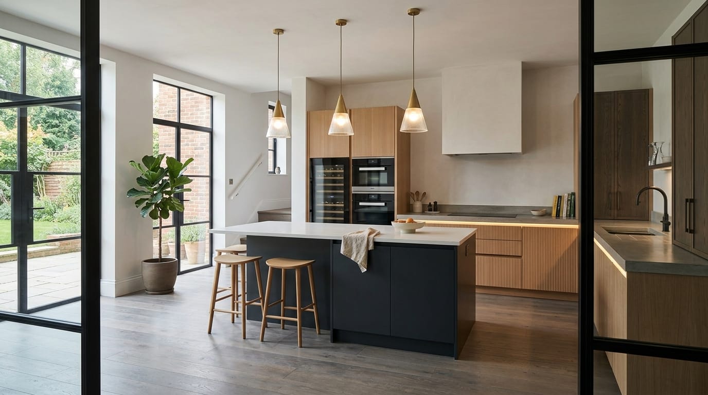hero_1200x675-333 Wide view of a newly completed bespoke Mastercraft kitchen, contemporary painted lay-on cabinetry in pantry blue tones