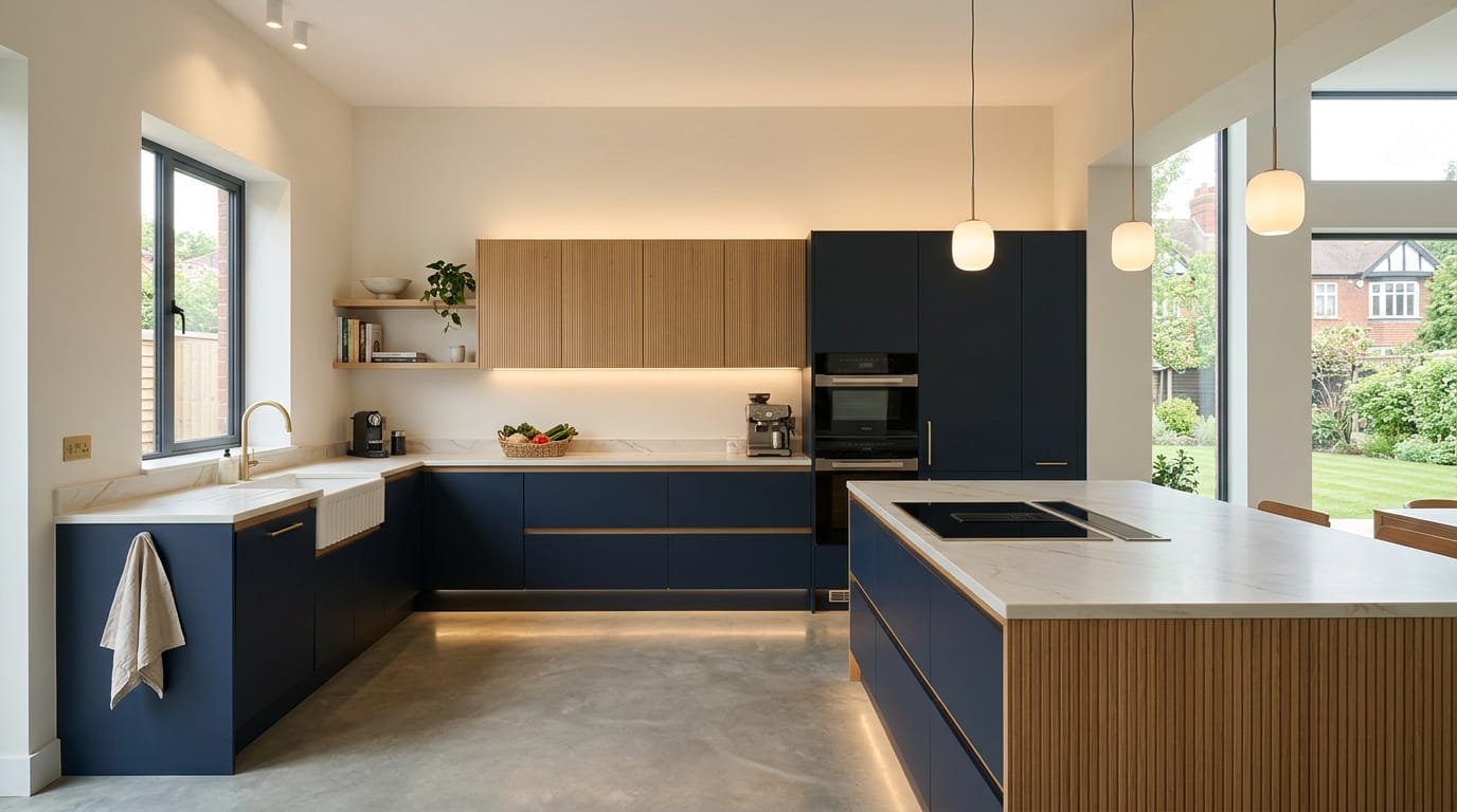 hero_1200x675-334 Wide view of a newly completed bespoke Mastercraft kitchen, contemporary in-frame cabinetry in sage green tones