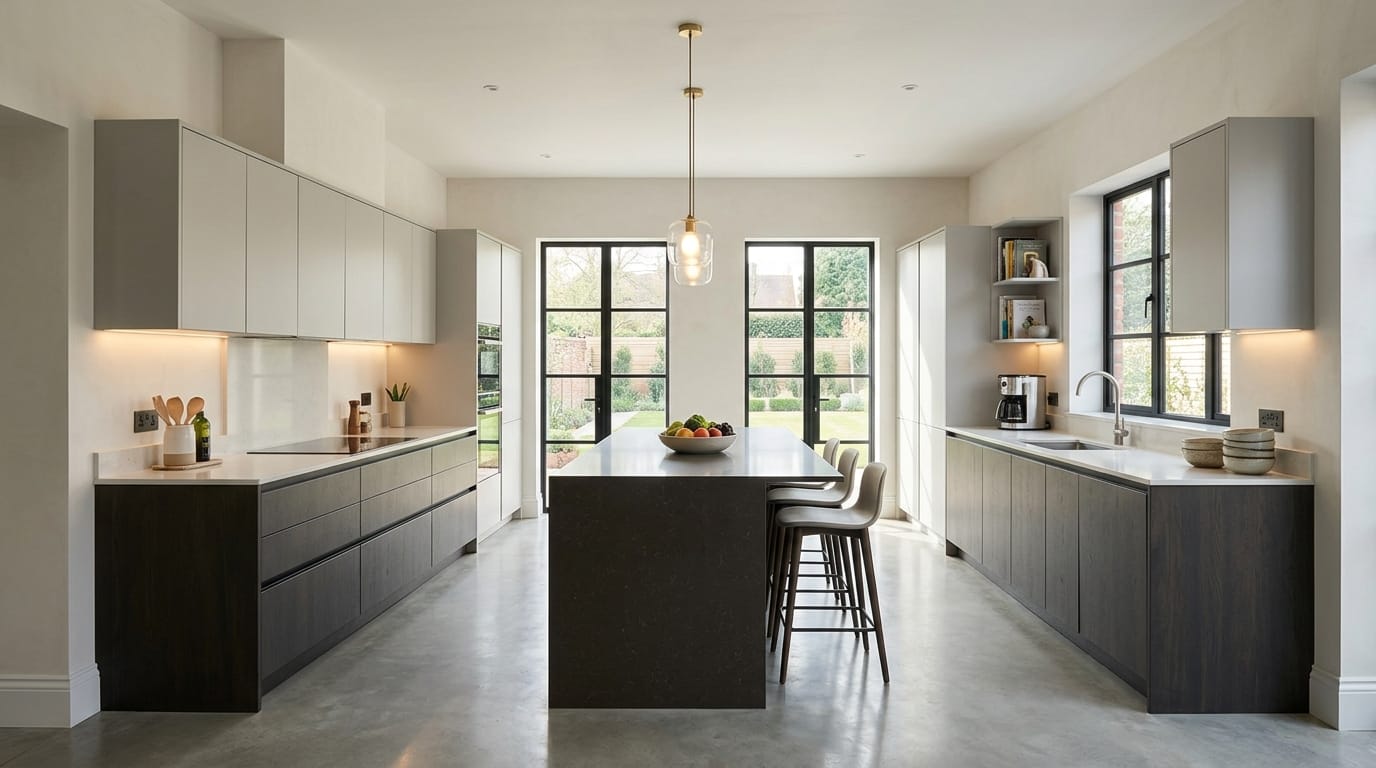 hero_1200x675-336 Wide view of a newly completed bespoke Mastercraft kitchen, matt painted handleless slab cabinetry in heritage green tones