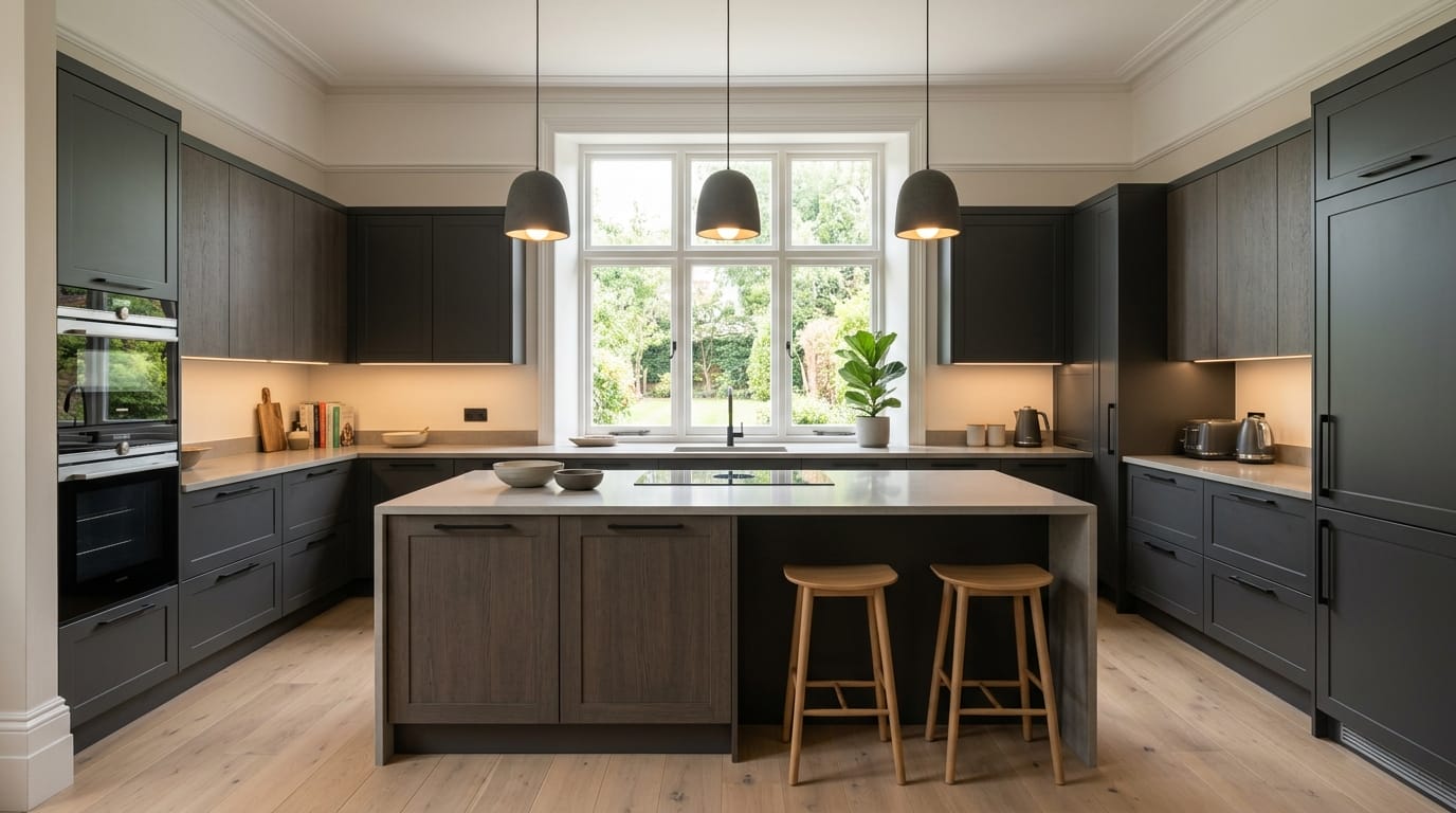 Wide view of a newly completed bespoke Mastercraft kitchen, contemporary painted lay-on cabinetry in slate blue tones
