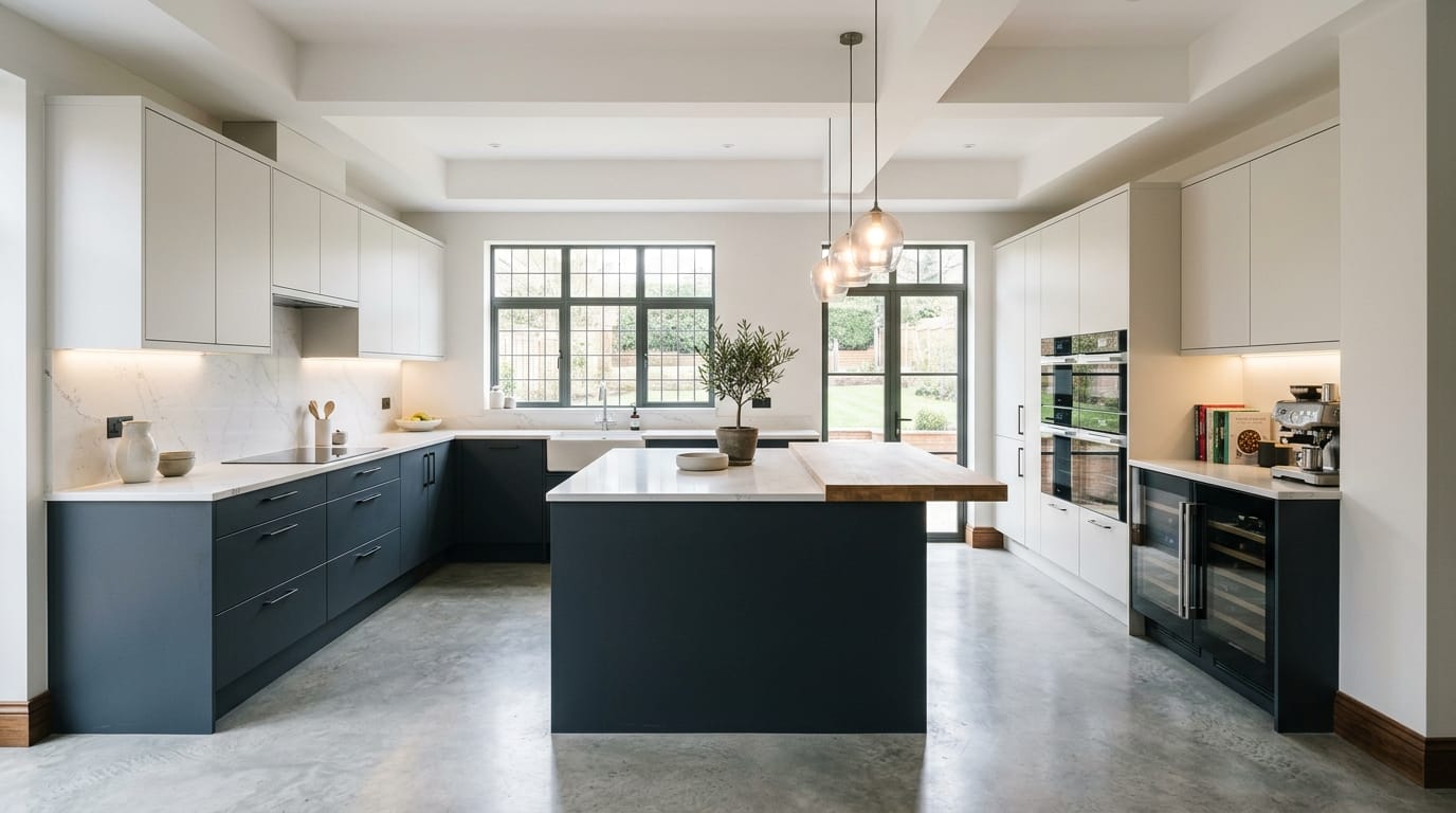 Wide view of a newly completed bespoke Mastercraft kitchen, contemporary in-frame cabinetry in porcelain tones