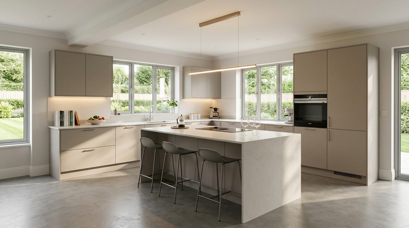 Wide view of a newly completed bespoke Mastercraft kitchen, contemporary in-frame cabinetry in graphite tones