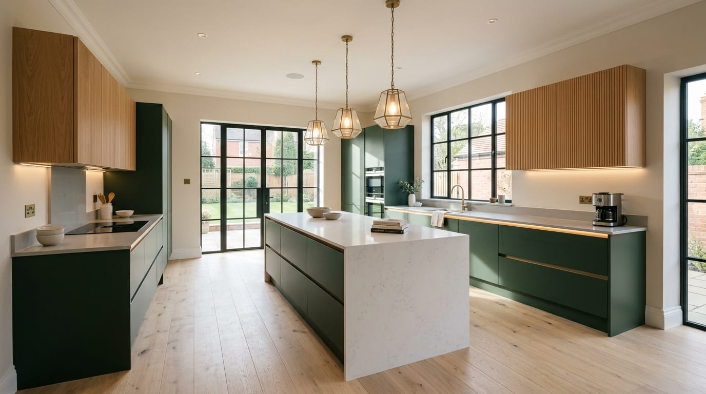 hero_1200x675-342 Wide view of a newly completed bespoke Mastercraft kitchen, matt painted handleless slab cabinetry in airforce tones