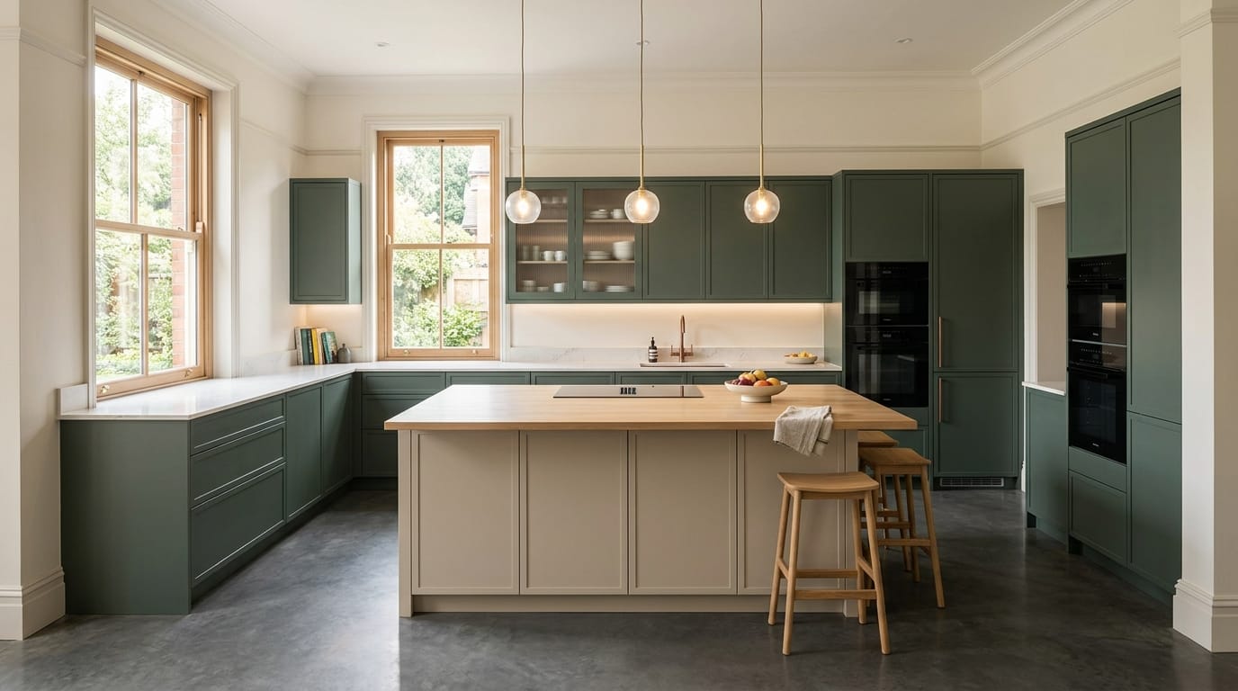 hero_1200x675-344 Wide view of a newly completed bespoke Mastercraft kitchen, matt painted handleless slab cabinetry in shell tones