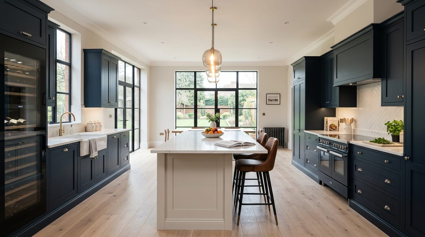 Wide view of a newly completed bespoke Mastercraft kitchen, matt painted handleless slab cabinetry in shell tones