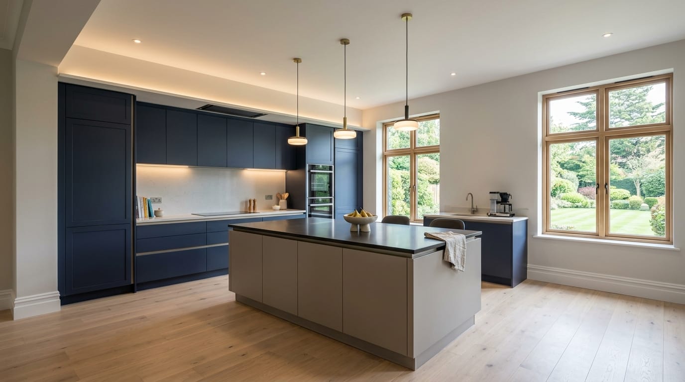 Wide view of a newly completed bespoke Mastercraft kitchen, modern shaker cabinetry in taupe grey tones