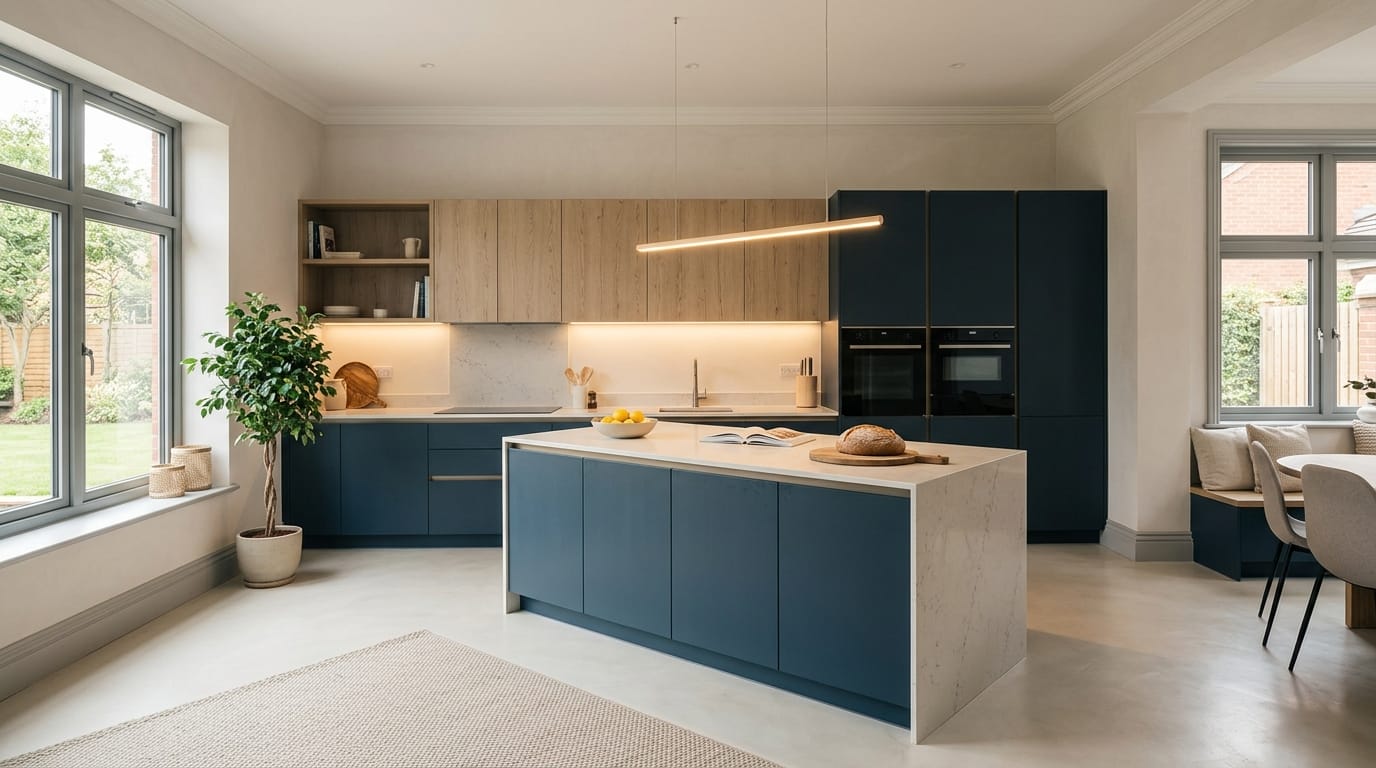 hero_1200x675-347 Wide view of a newly completed bespoke Mastercraft kitchen, matt painted handleless slab cabinetry in sage green tones