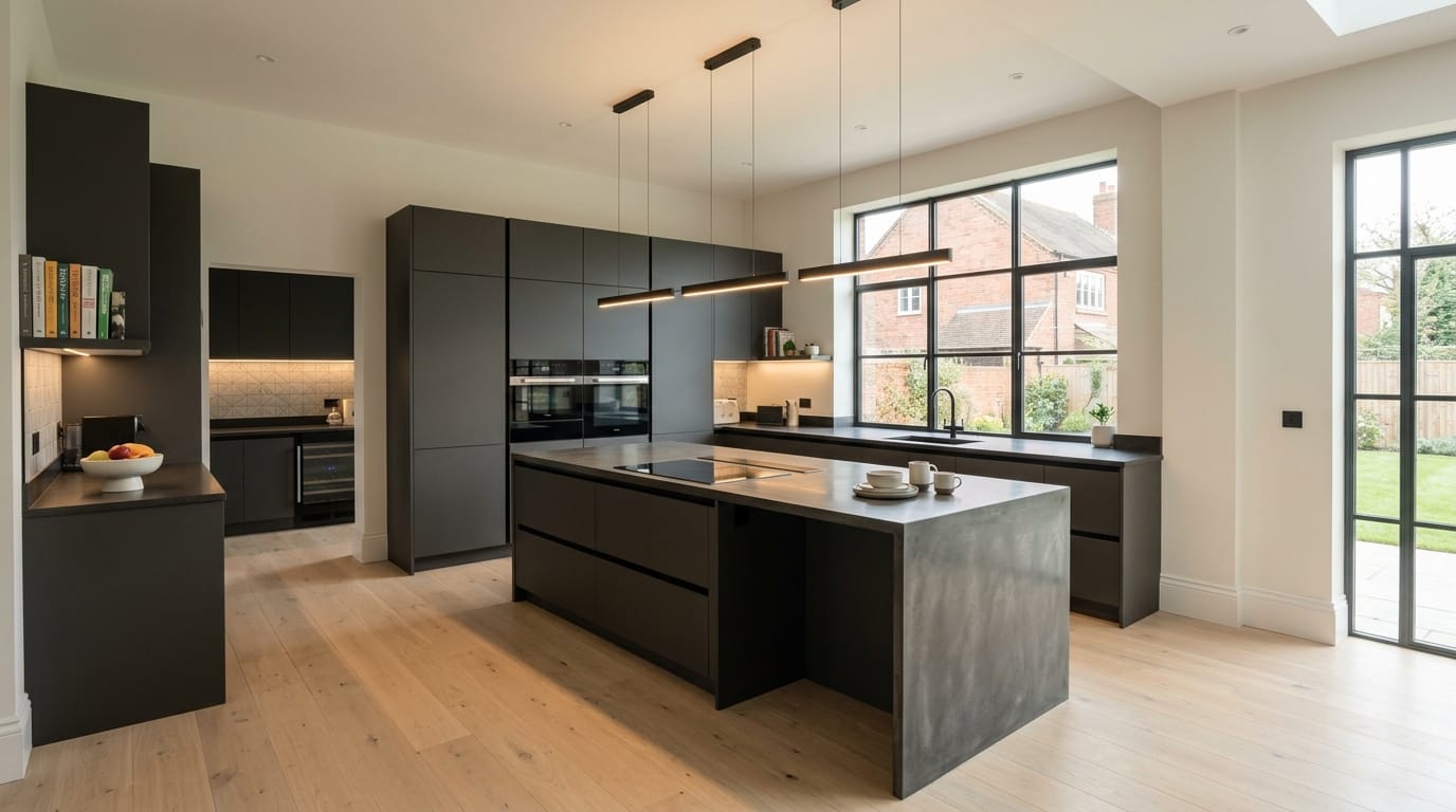 Wide view of a newly completed bespoke Mastercraft kitchen, contemporary in-frame cabinetry in taupe grey tones