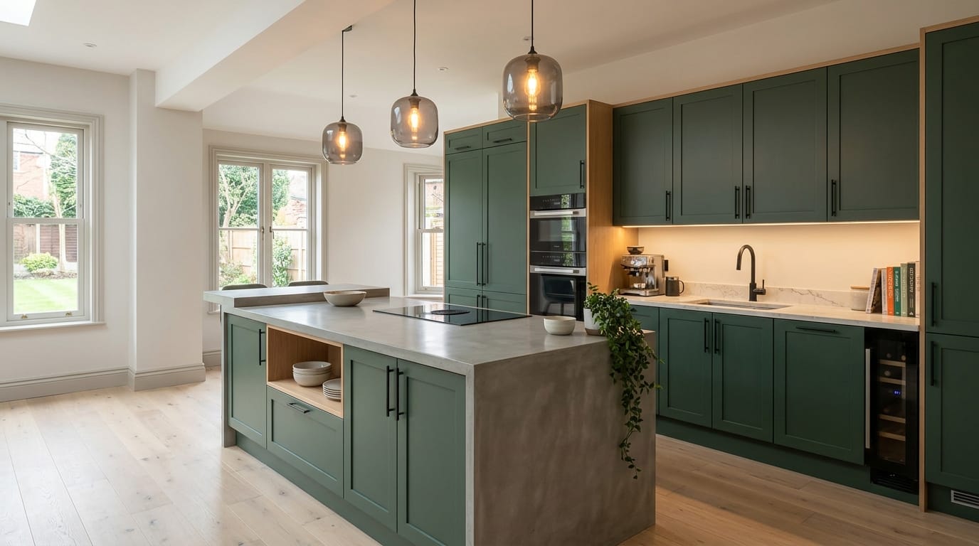 hero_1200x675-349 Wide view of a newly completed bespoke Mastercraft kitchen, timber veneer slab-door cabinetry in light grey tones