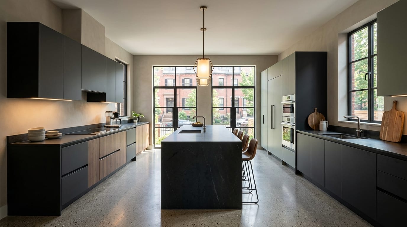 Wide view of a newly completed bespoke Mastercraft kitchen, matt painted handleless slab cabinetry in viridian tones