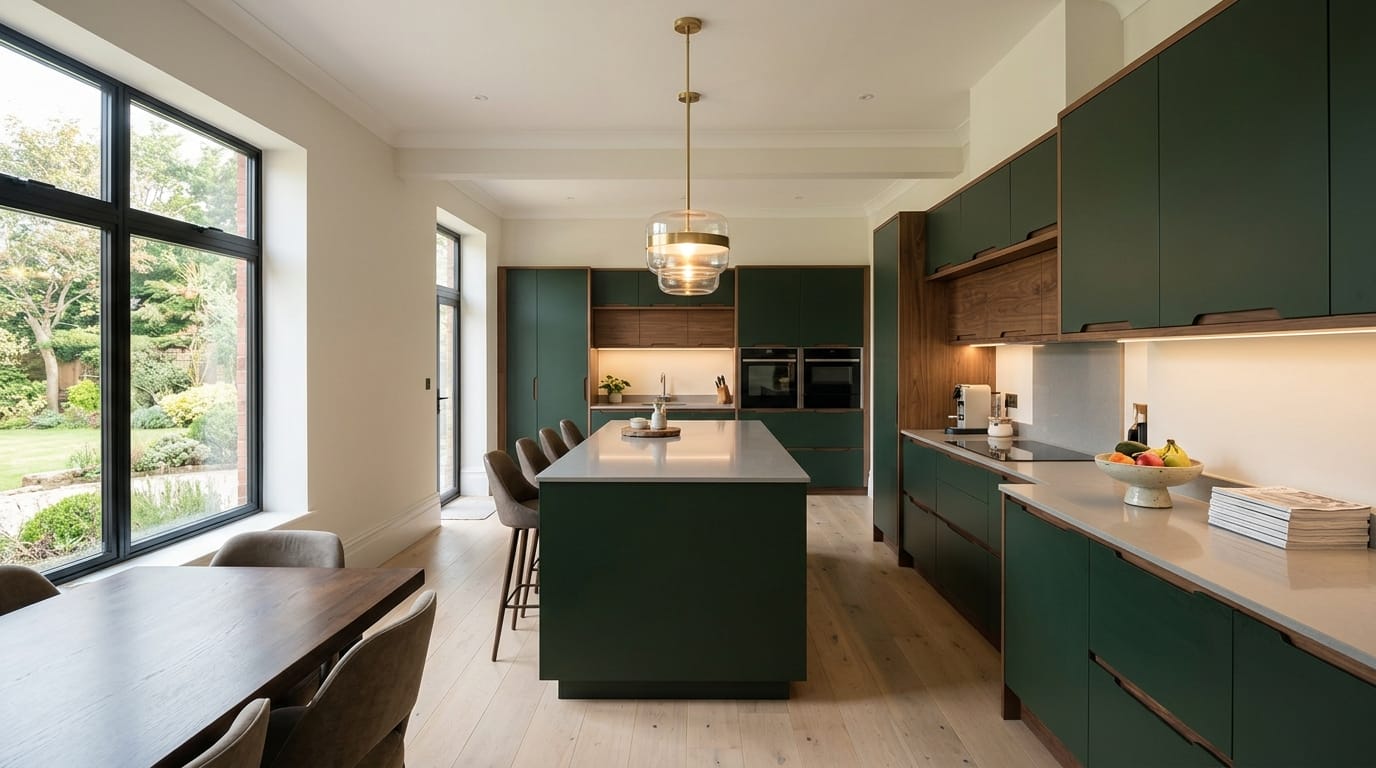 hero_1200x675-351 Wide view of a newly completed bespoke Mastercraft kitchen, timber veneer slab-door cabinetry in parisian blue tones