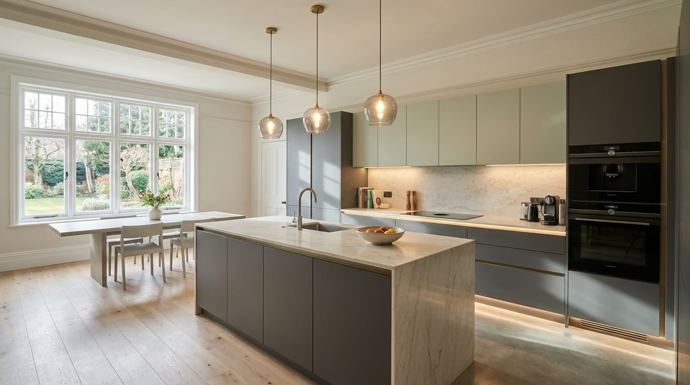 Wide view of a newly completed bespoke Mastercraft kitchen, matt painted handleless slab cabinetry in marine tones