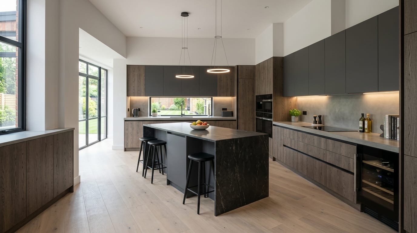 hero_1200x675-354 Wide view of a newly completed bespoke Mastercraft kitchen, modern shaker cabinetry in reed green tones