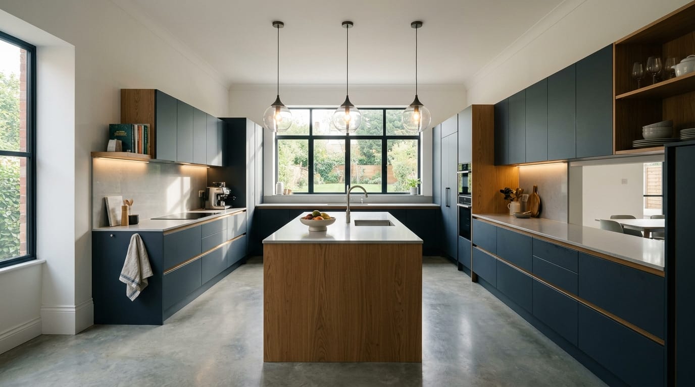 Wide view of a newly completed bespoke Mastercraft kitchen, modern shaker cabinetry in marine tones