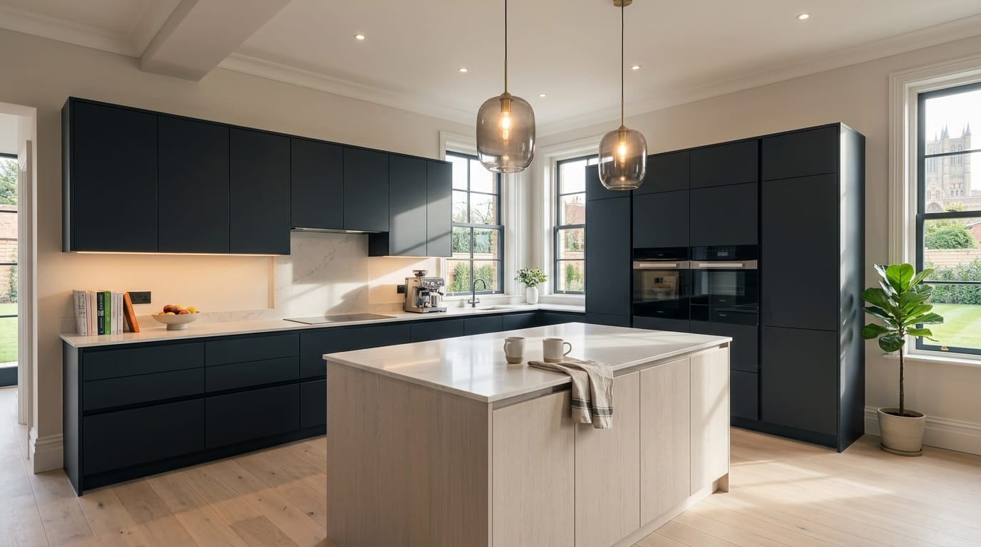 Wide view of a newly completed bespoke Mastercraft kitchen, modern shaker cabinetry in lava tones