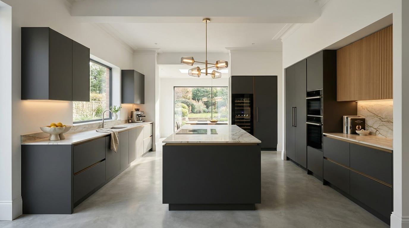 Wide view of a newly completed bespoke Mastercraft kitchen, contemporary painted lay-on cabinetry in airforce tones