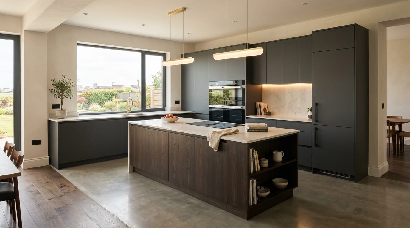 Wide view of a newly completed bespoke Mastercraft kitchen, timber veneer slab-door cabinetry in willow tones