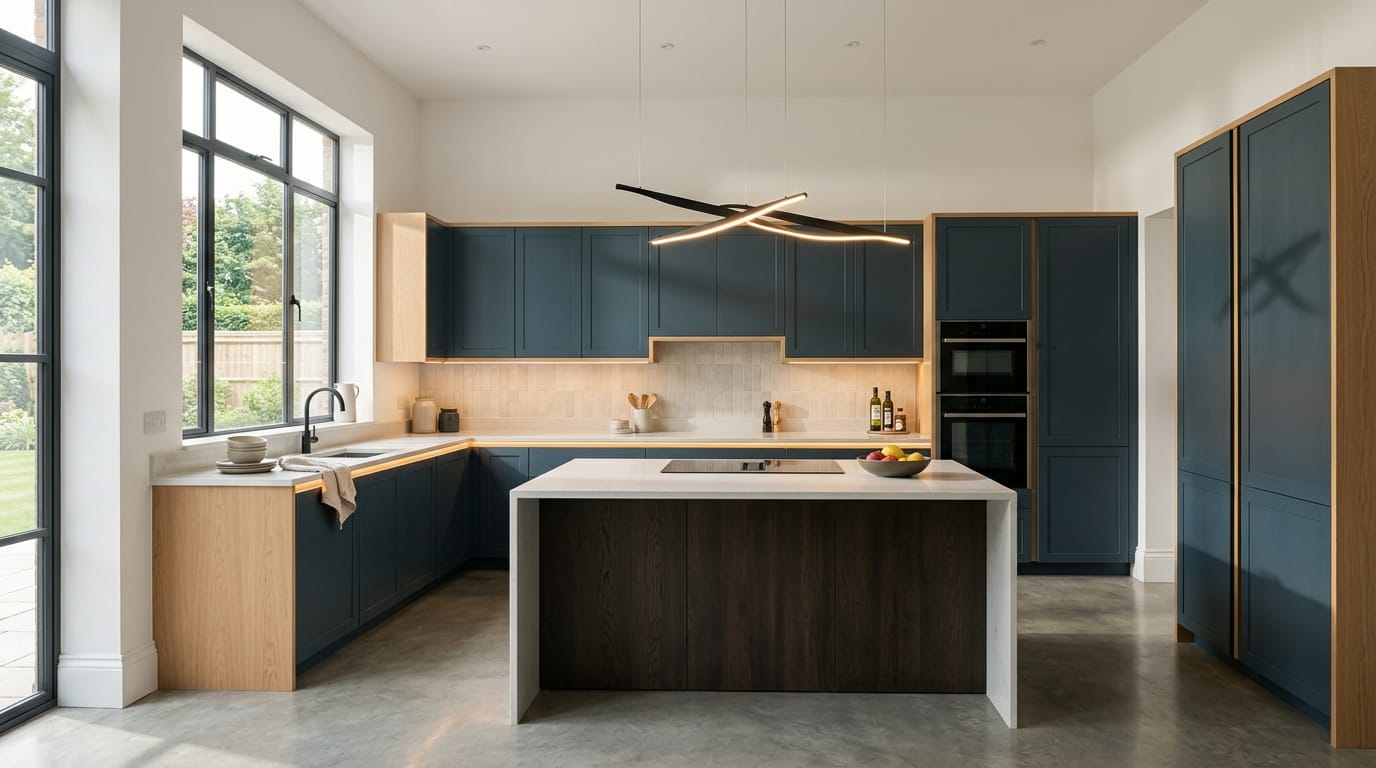 hero_1200x675-362 Wide view of a newly completed bespoke Mastercraft kitchen, modern shaker cabinetry in pantry blue tones