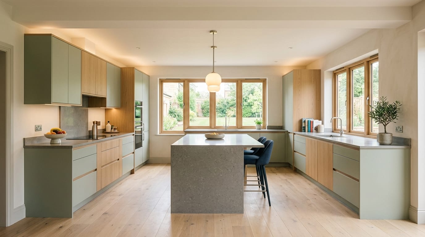 Wide view of a newly completed bespoke Mastercraft kitchen, timber veneer slab-door cabinetry in porcelain tones