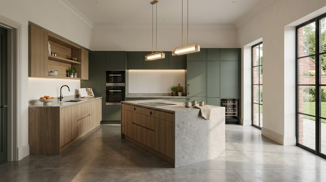 hero_1200x675-364 Wide view of a newly completed bespoke Mastercraft kitchen, matt painted handleless slab cabinetry in light teal tones