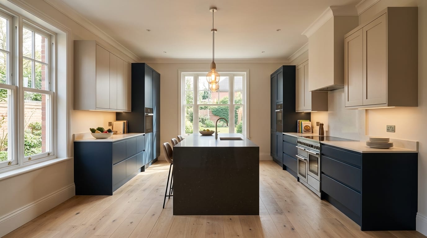 hero_1200x675-366 Wide view of a newly completed bespoke Mastercraft kitchen, contemporary painted lay-on cabinetry in brilliant white tones