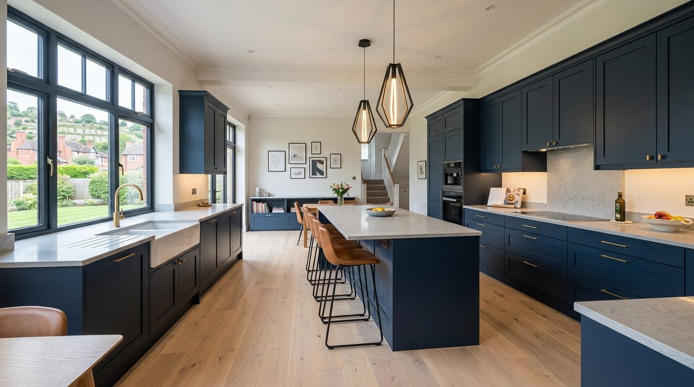 hero_1200x675-367 Wide view of a newly completed bespoke Mastercraft kitchen, timber veneer slab-door cabinetry in lava tones