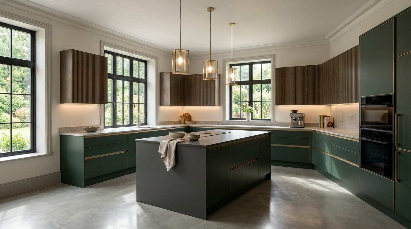 hero_1200x675-369 Wide view of a newly completed bespoke Mastercraft kitchen, contemporary in-frame cabinetry in parisian blue tones