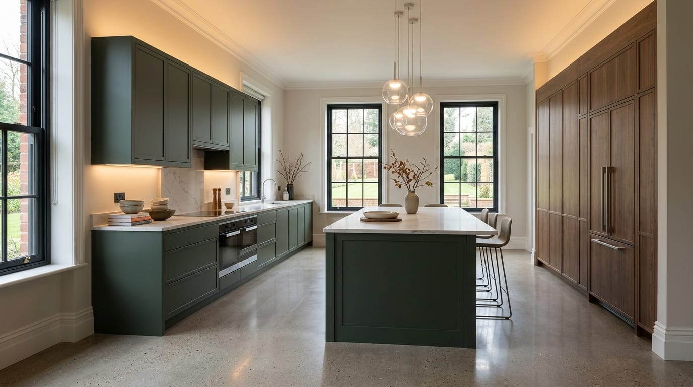 hero_1200x675-370 Wide view of a newly completed bespoke Mastercraft kitchen, timber veneer slab-door cabinetry in cashmere tones