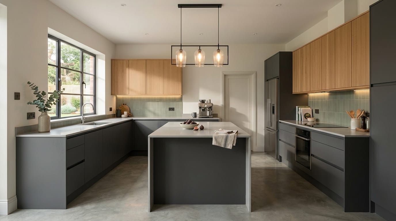 Wide view of a newly completed bespoke Mastercraft kitchen, timber veneer slab-door cabinetry in monument grey tones